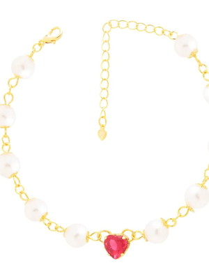 Elegante pulseira folheada a ouro com coração vermelho