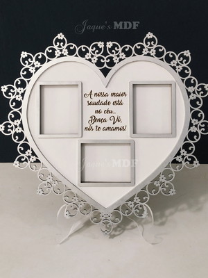 Placa coração para homenagem 3 fotos com base transparente