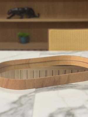 Bandeja espelhada borda madeira cozinha oval decoração