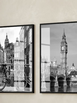 Quadros com vidro e moldura cidades p/b londres quarto sala