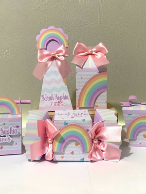 Kit festa arco íris mimos caixas personalizadas (50 peças)