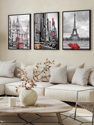 Quadros com vidro e moldura cidades p/b londres paris sala