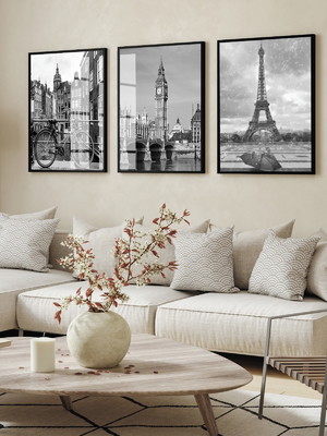Quadros com vidro e moldura cidades p/b londres paris torre
