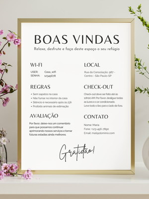 Quadro de boas-vindas airbnb, template canva editável