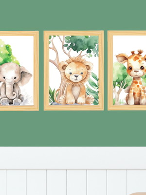 Decoracao safari trio de quadros quarto menino com moldura