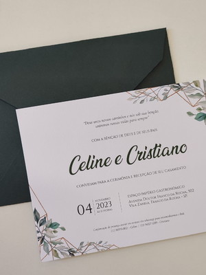 Convite casamento envelope verde escuro folhagem