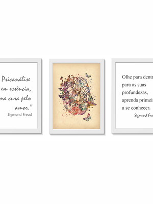 Kit 3 quadros decorativos psicologia a3 molduras brancas