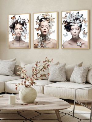 Quadro decorativo com vidro e moldura mulher borboletas