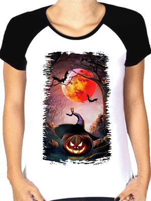 Camiseta baby look raglan halloween abóbora morcego lua 55