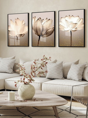 Kit 3 quadros decorativos flores bege moderna boho com vidro