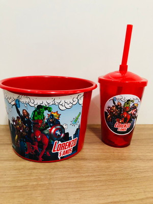 Balde de pipoca com copo herois vingadores