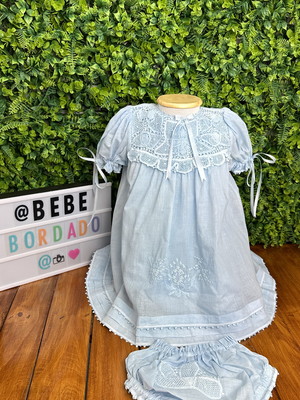 Vestido cambraia de algodão e renascença azul bebê 18 meses