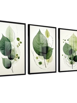 Kit 3 quadros folhagem verde folhas verdes com molduras