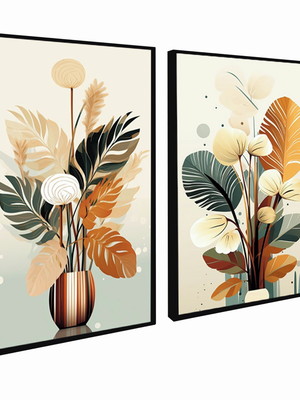 Kit 2 quadros flores tons claros vaso de folhas minimalista