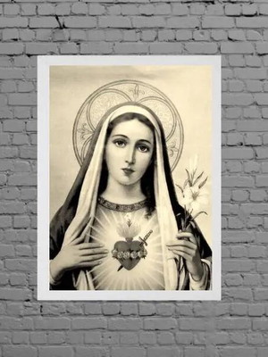 Quadro sagrado coração de maria p&b-a4 com vidro