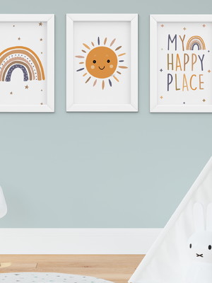 Quadro infantil quarto bebê menino céu sol arco-íris boho
