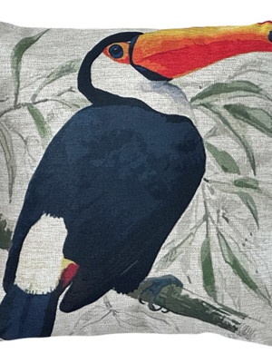 Almofada linho bege luxo estampada ave pássaro tucano 45x45