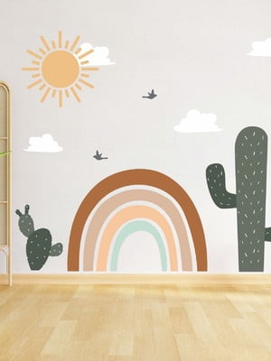 Adesivo de parede arco íris tons pastéis cactos pássaros sol