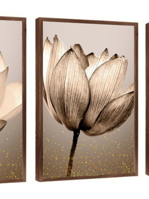 3 quadros flores bege trio douradas moderno grande