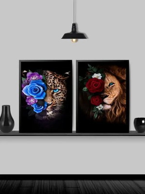 Kit 2 quadros onça e leão com flores-a4 com vidro