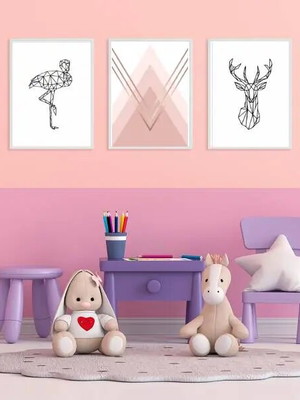 Kit 3 quadros flamingo e alce geométrico-a4 com vidro