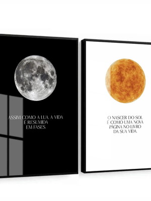 Quadro decorativo sol e lua frases com vidro moldura preta