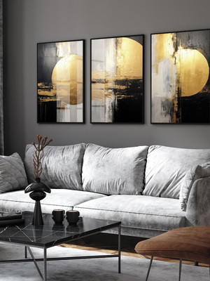 Kit 3 quadros abstrato dourado cinza preto moderno molduras