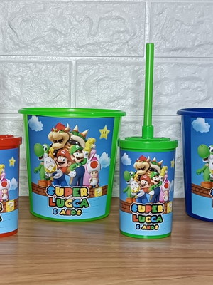 Kit baldinho de pipoca 1l + copo 200ml - super mario