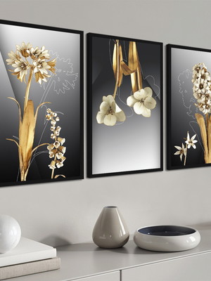 Kit 3 quadros flores douradas modernas molduras