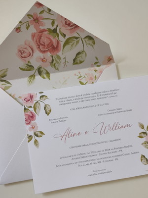 Convite casamento c/ envelope forrado rosê com folhagem