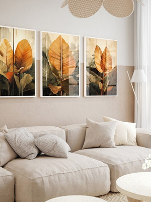 Kit quadros decorativos folhagem moderna com moldura e vidro