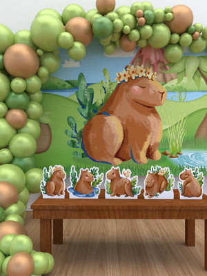 Kit festa ouro capivara filó flores painel + display + fita