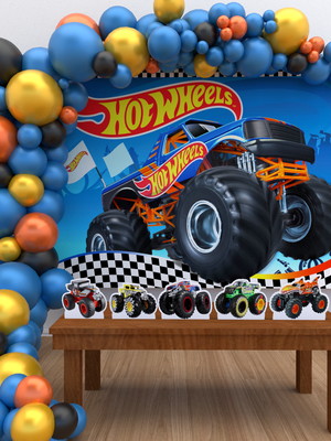 Kit ouro painel + disp + fita festa monster truck hot wheels