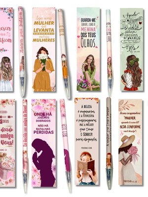 50 kit brinde mulher crista marca pagina + caneta decorada