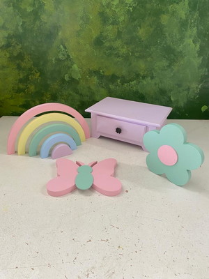 Kit decoração mini bombe / flor / borboleta / arco-iris