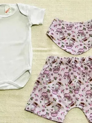 Conjuntos 3 peças bebê bermuda body babador enxoval básico