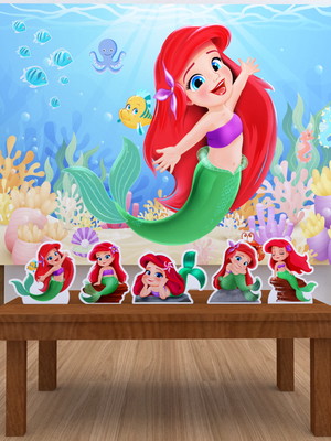 Kit festa prata painel + display ariel pequena sereia baby