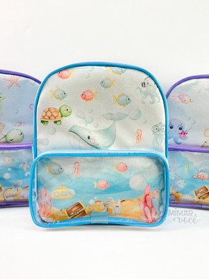 20 mochilas verniz com bolso fundo do mar