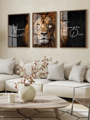 Quadro decorativo leão nunca foi sorte sempre foi deus vidro