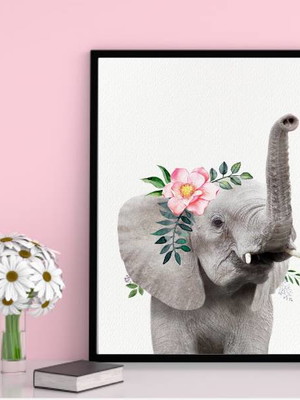 Quadro elefante flores-a4 com vidro