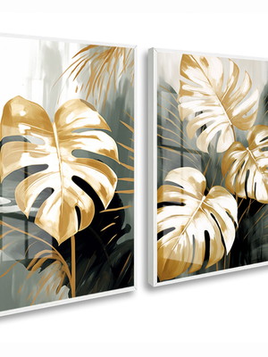 Quadro decorativo folhagem dourado costela de adão vidro