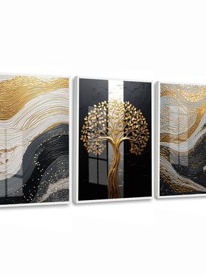 Quadro decorativo árvore dourada abstrato vidro e moldura
