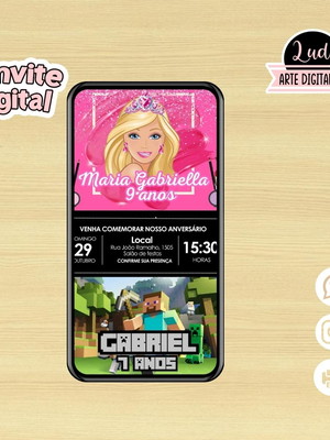 Convite digital dois temas duplo - minecraft e barbie
