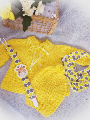 Casaquinho bebê amarelo tricô touca babador prendedor chupet