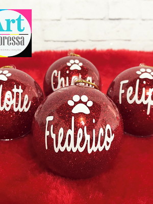 Bolas de natal com glitter personalizadas nome e patinha
