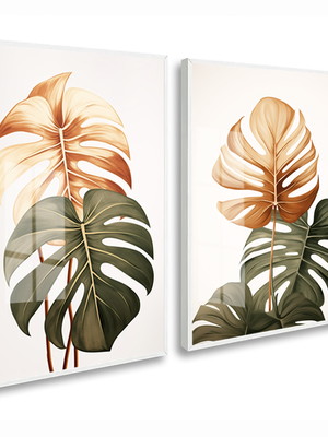 Quadro decorativo dourado costela de adão folhagem vidro