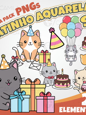 Kit digital png gatinho aquarela 9 (pague 1 leve 3)
