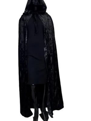 Capa medieval dupla em veludo e cetim com capuz em preto
