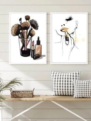 Kit 2 quadros makeup mulher maquiando-a4 com vidro