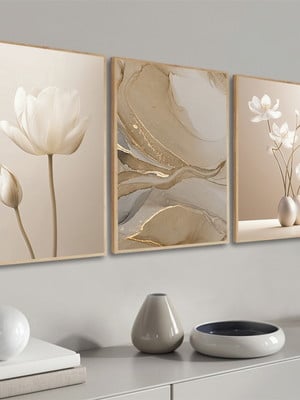 Kit 3 quadros decorativos abstrato boho flores bege moldura